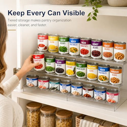 Expandable Can Rack Organizer for Pantry:3-Tier Clear Acrylic Canned Food Storage Holder, Adjustable Pantry Shelf for Kitchen Cabinet & Countertop, Holds Up to 24 Cans