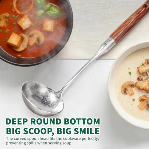 Newness Soup Ladle, [Rustproof, Heat Resistance] Resilient Pure Titanium Soup Spoon with Long Ergonomic Natural Wooden Round Handle, Non-Toxic Cooking Spoon for Kitchen, 14.56 Inches - color: Silver + Wood