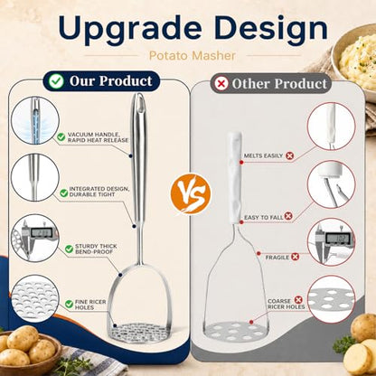 304 Stainless Steel Potato Masher – Heavy-Duty [Rustproof, Heat Resistance, Integral Forming] Dishwasher Safe Masher for Smooth & Fluffy Mashed Potatoes, Avocados – Sturdy, Durable Design - size: Potato Masher