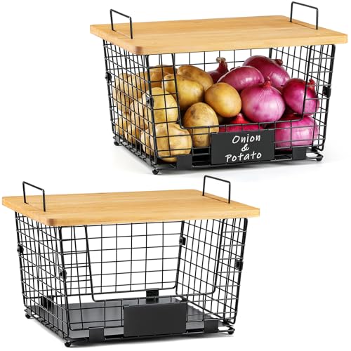 2 Set XXL Stackable Wire Basket with Bamboo Tops & Tag- Pantry Organizer and Storage Bins, Kitchen Counter Cabinet Shelf Countertop Under Sink Organizing, Food Snack Produce Onion Potato Bread Storage - size: XXL