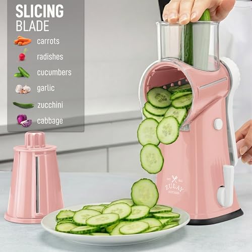 Zulay Kitchen Rotary Cheese Grater 5 Blade Cheese Shredder - Manual Hand Crank Cheese Grater With Reinforced Suction & 5 Interchangeable Drums - Easy to Use, Vegetable Chopper Round Mandoline Slicer - color: Peach & White