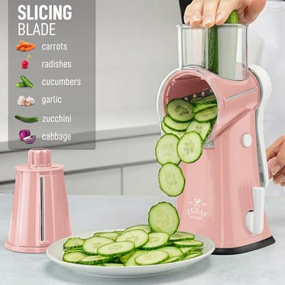 Zulay Kitchen Rotary Cheese Grater 5 Blade Cheese Shredder - Manual Hand Crank Cheese Grater With Reinforced Suction & 5 Interchangeable Drums - Easy to Use, Vegetable Chopper Round Mandoline Slicer - color: Peach & White