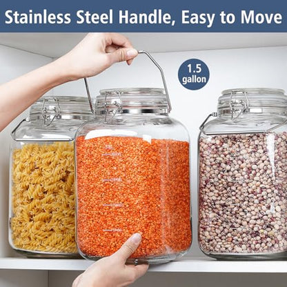 Folinstall 2 Pack 1.5 Gallon Glass Jar with Airtight Lid, 192 oz Square Wide Mouth Mason Jars with Stainless Steel Handle, Large Glass Storage Containers for Canning, Flour, Sugar, Rice, Pickled Eggs