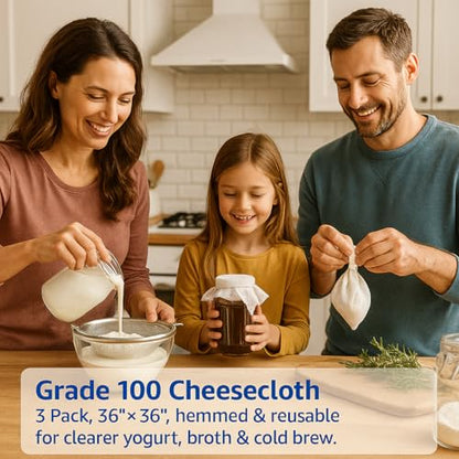 1 Pack Grade 100 Cheesecloth 36×36 in — Reusable Cheese Cloths, 100% Unbleached Cotton, Hemmed on All Sides (Lint-Free), Butter Muslin for Straining Yogurt, Nut Milk, Broth, Jelly & Cold Brew - size: 1 PCS - 36x36 Inch