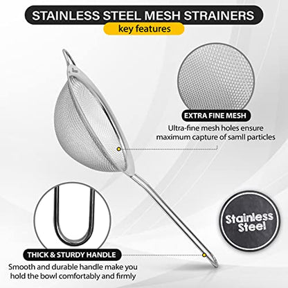 Makerstep Set of 3 Stainless Steel Fine Mesh Strainers Graduated Sizes 3.38", 5.5", 7.87" Strainer Wire Sieve Sifter with Sturdy Handle for Kitchen Gadgets Tools - New Home Kitchen Essentials