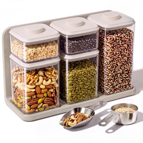 SMIRLY 8-Pcs Airtight Food Storage Containers Set with Countertop Organizer,One-Press Air Tight Pantry Storage Containers, BPA-Free ABS,Stainless Steel Spoon & Scoop for Cereal, Flour, Sugar -white - color: White