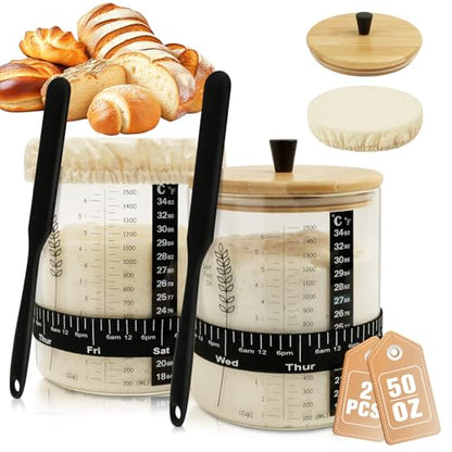 50oz Sourdough Starter Jar, Wide Mouth Sourdough Jar, Large Capacity Sourdough Starter Kit with Lid, Band, Date Tracker, Temp, Sourdough Bread Starter Kit for Perfect Sour Dough(2 Pack) - size: Set of 2
