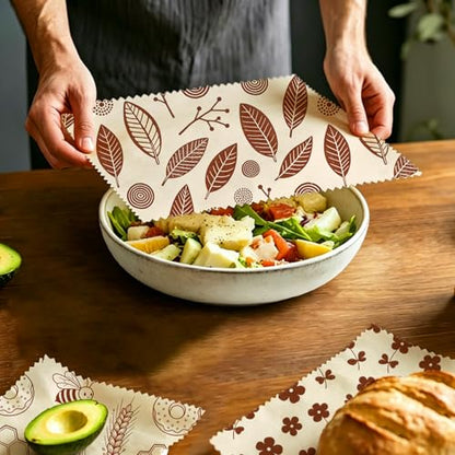 Reusable Bee&Floral Beeswax Wraps, 9 PCS Eco-Friendly Food Storage, Organic Cotton Sandwich, Snack, Bowl Covers, Zero Waste, Plastic-Free, Sustainable, 1XL, 3M, 5S - color: Brown Leaves Flowers Bees