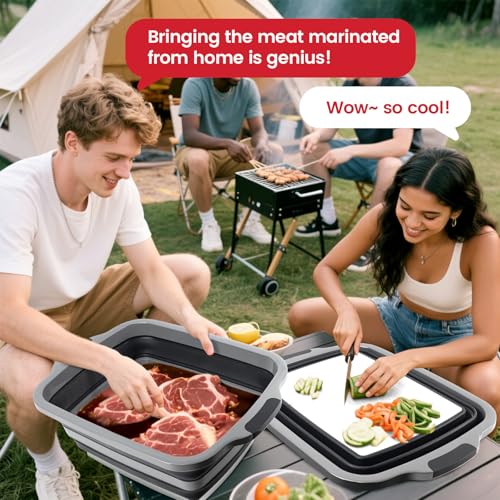 BBQ Prep Tub 3-IN-1 Large 30L Collapsible Cutting Board with Lid for Grill Meal Prep Marinating Food, Camping Sink with Colander, Dish Basin, Storage Blanket for Camping Picnic BBQ Grilling, Black - color: Black 30L