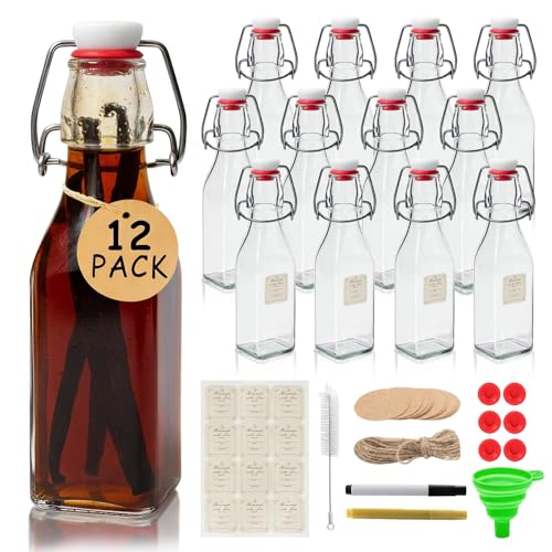 Ruckae Square Swing Top Glass Bottles with Lids Kombucha Coquito Flip Top Glass Bottle for Syrup Vanilla Extract Brew Beer Kefir Air Tight Bottles for Gift (8.5 oz 12 pack) - size: 8.5 oz 12 pack