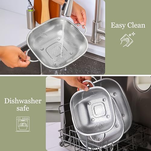 E-far 6QT Stainless Steel Colander with Handle - Square Metal Kitchen Strainer for Pasta & Vegetable Draining, Micro-Perforated & Elevated Feet, Dishwasher Safe - size: 6QT