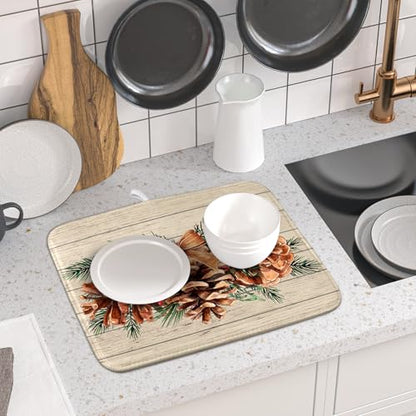 Winter Pine Cone Dish Drying Mat Holly Berries Dish Draining Mat Microfiber Washable Dish Drainer Rack Mat for Home Kitchen Counter 16"x18" - color: Winter Pine Cone, size: 16" x 18"