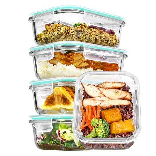 Vtopmart 5Pack 22oz Glass Storage Containers with Lids, Glass Meal Prep Food Container Sets with Snap Airtight Lid for Microwave, Oven, Freezer and Dishwasher, Green - color: Green, size: 22oz