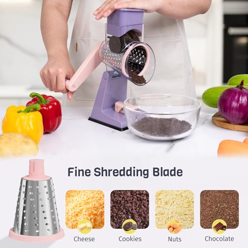 Upgraded Rotary Cheese Grater with 3 Interchangeable Stainless Steel Drums, One-Press Powerful Suction Manual Vegetable Shredder&Slicer for Kitchen, 15pcs Storage Bags Included, Pinkish Purple - color: Pinkish Purple