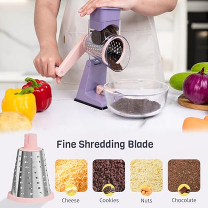 Upgraded Rotary Cheese Grater with 3 Interchangeable Stainless Steel Drums, One-Press Powerful Suction Manual Vegetable Shredder&Slicer for Kitchen, 15pcs Storage Bags Included, Pinkish Purple - color: Pinkish Purple