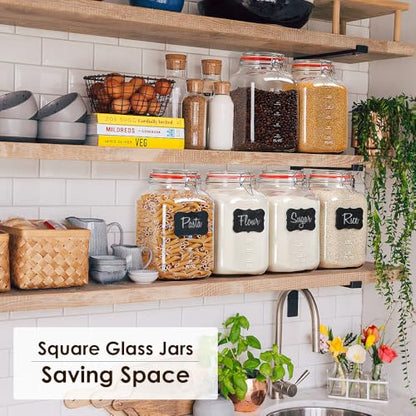 [UPGRADE] 2 Pack Square Super Wide Mouth Airtight Glass Storage Containers with Lids, 1.1 Gallon Glass Jars with 2 Measurement Marks, Canning Jars with Leak-proof Lid for Kitchen (Spare Gasket)