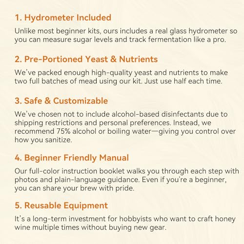 Mead Making Kit for Beginners - Complete Home Brewing Starter Set with Reusable Supplies, 1 Gallon Honey Wine Fermentation Jar with Yeast & Nutrients Airlock Stopper Hydrometer & Operation Guide - size: 1 Gallon Kit