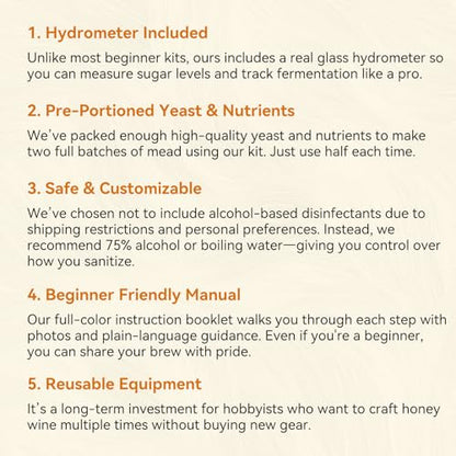 Mead Making Kit for Beginners - Complete Home Brewing Starter Set with Reusable Supplies, 1 Gallon Honey Wine Fermentation Jar with Yeast & Nutrients Airlock Stopper Hydrometer & Operation Guide - size: 1 Gallon Kit