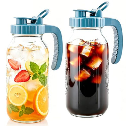 Glass Pitcher With Pour Spout Lid 64 Oz Mason Jar Pitcher Wide Mouth 2 Pack | Airtight & Leakproof Water Pitcher With Ergonomic Handle And Flip Cap Lid Food Grade Cold Brew Pitcher For Various Beverages - color: 64 OZ 2PC