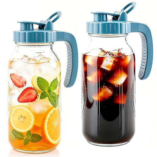 Glass Pitcher With Pour Spout Lid 64 Oz Mason Jar Pitcher Wide Mouth 2 Pack | Airtight & Leakproof Water Pitcher With Ergonomic Handle And Flip Cap Lid Food Grade Cold Brew Pitcher For Various Beverages - color: 64 OZ 2PC