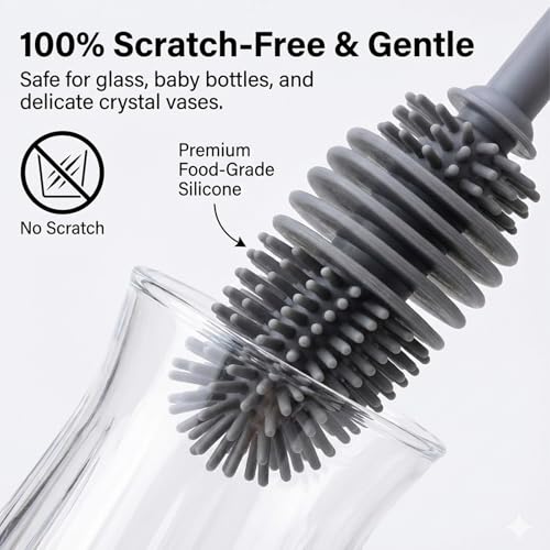 2pcs Silicone Bottle Cleaning Brush Water Bottle Cleaner Brushes with Long Handle Bottles Brush Cleaner for Small Narrow Neck Containers Glassware Sports Bottles Vase
