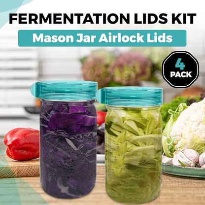 Fermentation Lids Refill Pack, Mason Jar Airlock Lid Kit, Fermenting Lids for Wide Mouth Mason Jars, Kimchi, Pickle, and Sauerkraut Fermentation, Pack of 4