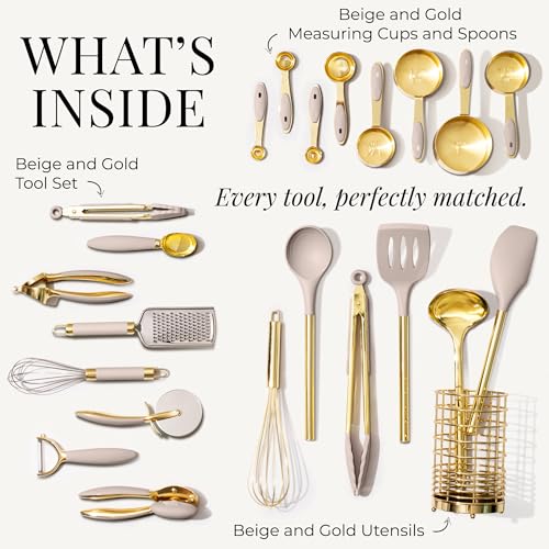 Styled Settings 23-Piece Beige and Gold Utensils Set – Silicone Nonstick Cooking Tools with Garlic Press, Can Opener, Measuring Cups, Utensil Holder – Luxury Kitchen Accessories for Modern Homes - color: 23 Piece Beige and Gold