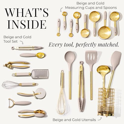 Styled Settings 23-Piece Beige and Gold Utensils Set – Silicone Nonstick Cooking Tools with Garlic Press, Can Opener, Measuring Cups, Utensil Holder – Luxury Kitchen Accessories for Modern Homes - color: 23 Piece Beige and Gold