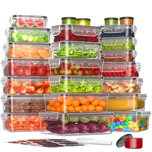 KEMETHY 50-Piece Food Storage Containers with Lids(25 Containers & 25 Lids), Plastic Food Containers for Pantry & Kitchen Storage and Organization, BPA-Free, Leak Proof, Reusable with Labels & Pen - color: 50 Piece