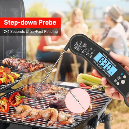 Instant Read Meat Thermometer Digital, Waterproof Food Thermometer with Magnet, Fast and Accurate, Backlight Calibration for Cooking, Grilling, BBQ, Baking, Smoker, Candy Making, Black