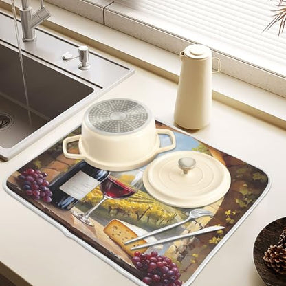 Red Wine Glasses with Grape Cheese Dish Drying Mats for Kitchen Counter, 18x24 inch Drying Dishes Absorbent Microfiber Dish Drainer Mat Rack Pad Fast Dry - size: 18x24in