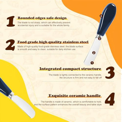 Butter Spreader Knife Set, 2-Pack Stainless Steel Cheese and Butter Knives with Ceramic Handle, Dishwasher Safe, for Soft & Hard Cheese, Jam, Cold Butter (Navy Blue) - color: Navy Blue