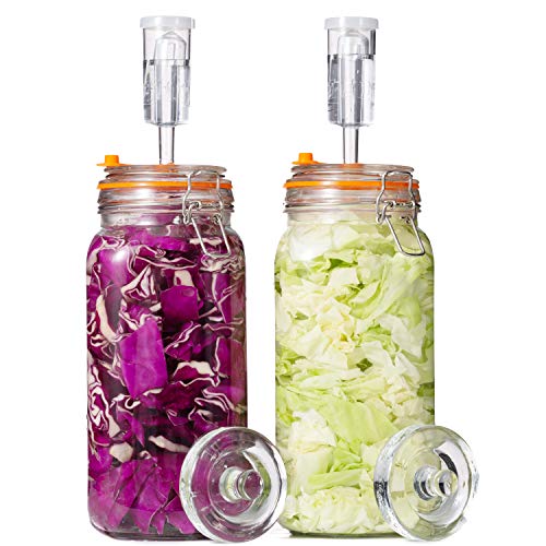 JILLMO Wide Mouth Glass Fermentation Jar with Airlock & Glass Weight, 2L (64oz) Fermenting Jar for Sauerkraut, Kimchi, Pickles & More,Pack of 2 - size: 2 Liter