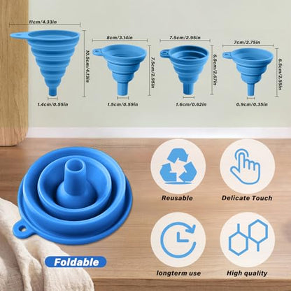 4 Pack Collapsible Silicone Funnels Kitchen Use Foldable Food Grade Liquid Transfer Tools Oil Water Spice Jar Bottle Filling, 12 g, 15 g, 20 g, 35 g - color: Blue, size: 4Pack