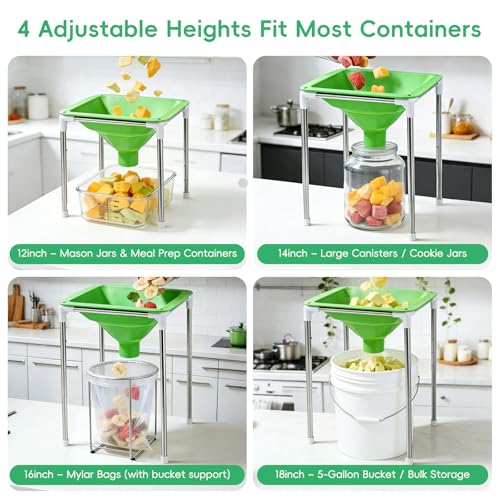HOOMESUN Extra Large Silicone Funnel for Harvest Right Freeze Dryer, 12" Wide Mouth Fits All Trays, Reinforced Stable Stand with Adjustable Height, Collapsible Non-Stick, for Mylar Bags & Jars (Green)