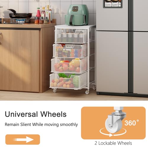 4-Tier Kitchen Storage Cart - Fruit Vegetable Storage Cart with Drawers, Wooden Top Metal Wire Kitchen Organizer and Storage Cart with Wheels to Storage Onions Potatoes Cans Snacks for Kitchen - size: White