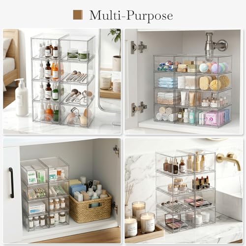 8 Pack Small Clear Stackable Acrylic Storage Boxes for Art Tool & Sketch, Storage Drawers, Storage Organizer, Clear Plastic Makeup Organizer, Ideal for Vanity, Cabinet, Desk Organization