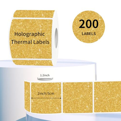 2" x 2" Square Thermal Labels Stickers, Holographic Direct Thermal Stickers Labels, Self-Adhesive Label for Small Business, DIY Logo Design- Glitter Gold - color: Holographic Gold, size: 2 X 2