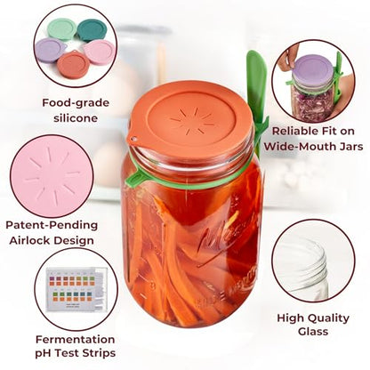 Basic Fermentation Kit for Wide Mouth Mason Jars - 6 Pack Silicone Fermenting Lids, Waterless Airlock Fermentation Tops for Pickles, Kimchi, Fermented Probiotic Food - Weights NOT Included - size: Essential Kit