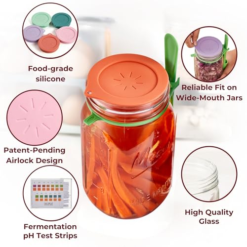 Basic Fermentation Kit for Wide Mouth Mason Jars - 6 Pack Silicone Fermenting Lids, Waterless Airlock Fermentation Tops for Pickles, Kimchi, Fermented Probiotic Food - Weights NOT Included - size: Essential Kit