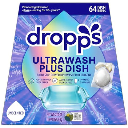 Dropps UltraWash Plus Dishwasher Detergent Pods, Unscented (64 Ct) Free & Clear | Triple Action | Built In Rinse Aid | Cuts Grease & Stuck-On Food | Sparkling Dishes | Residue-Free | Clean Ingredients