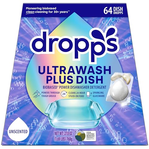 Dropps UltraWash Plus Dishwasher Detergent Pods, Unscented (64 Ct) Free & Clear | Triple Action | Built In Rinse Aid | Cuts Grease & Stuck-On Food | Sparkling Dishes | Residue-Free | Clean Ingredients