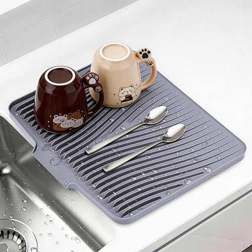 Silicone Dish Drying Mat for Kitchen counter, 15.8"x13" Extra Large Non-Slip Drain Pad with Built-in Drainage, Heat Resistant Dishwasher Safe, Grey - color: Gray, size: 15.8" x 13"