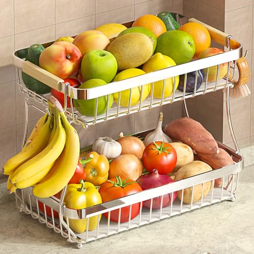Sevenblue 2-Tier Fruit Basket with Banana Hangers, Detachable Metal Bowl | Wooden handle, protective mats included. Versatile holder for bread, snacks, and veggies. Large 2 tier metal design. - color: Silver, size: 2 Tier