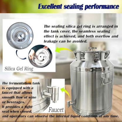 64L Stainless Steel Fermenter Tank with Faucet & Exhaust Valve 304 Food-Grade Fermentation & Storage Container for Wine, Beer, Sauerkraut