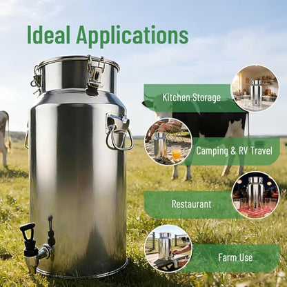 5.28 Gallon Milk Can with Spigot Stainless Steel Milk Bucket Wine Pail 20Liter with 2 Handles Sealed Lid Water Oil Liquid Barrel for Kitchen Farm Home Use - size: 20L