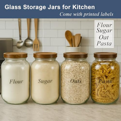 2 Pack Glass Flour Sugar Storage Containers with Acacia Wooden Lid, 1 Gallon Glass Jars with Airtight Lid, Wide Mouth Large Mason Jars 128oz for Rice, Pasta, Oats, Coffee Storage - size: Large