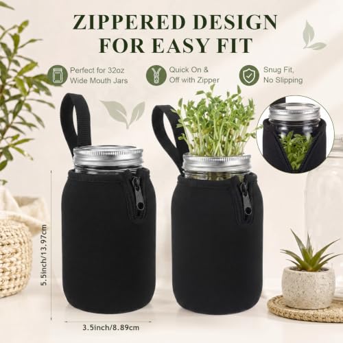 Blushtier 2 Pcs 32oz Mason Jar Sleeves Regular and Wide Mouth Mason Jar Insulators with Zipper, Neoprene Sprouting Jars Sleeve, Drinking Glass Cover, Prevents Slipping