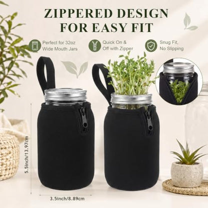 Blushtier 2 Pcs 32oz Mason Jar Sleeves Regular and Wide Mouth Mason Jar Insulators with Zipper, Neoprene Sprouting Jars Sleeve, Drinking Glass Cover, Prevents Slipping