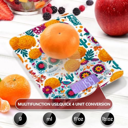 Food Scale Kitchen Digital Scale Food Ounces and Grams Dieting Baking Cooking Waterproof Glass Panels LCD Display,4 Units Scale Tare Function Skull Mexican Halloween White - color: Skull 24